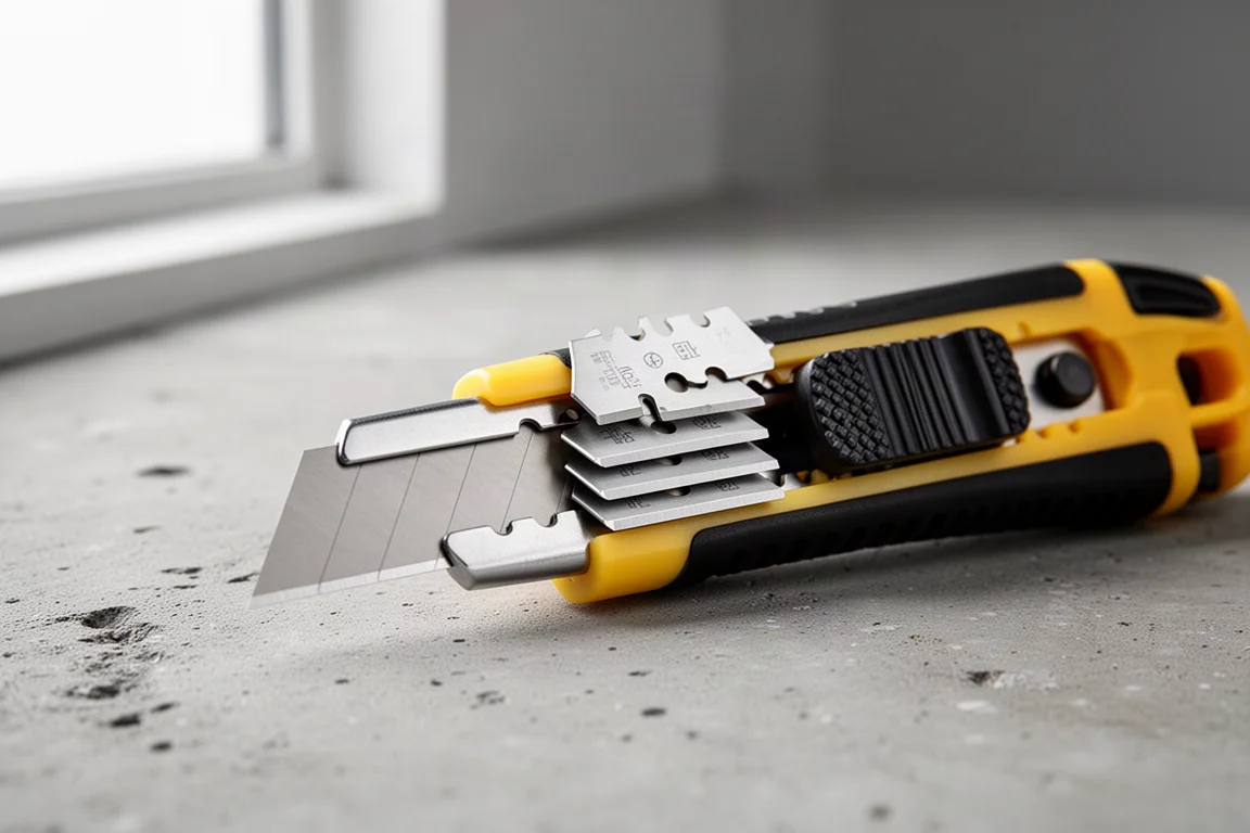 A retractable utility knife blade storage compartment holding spare blades