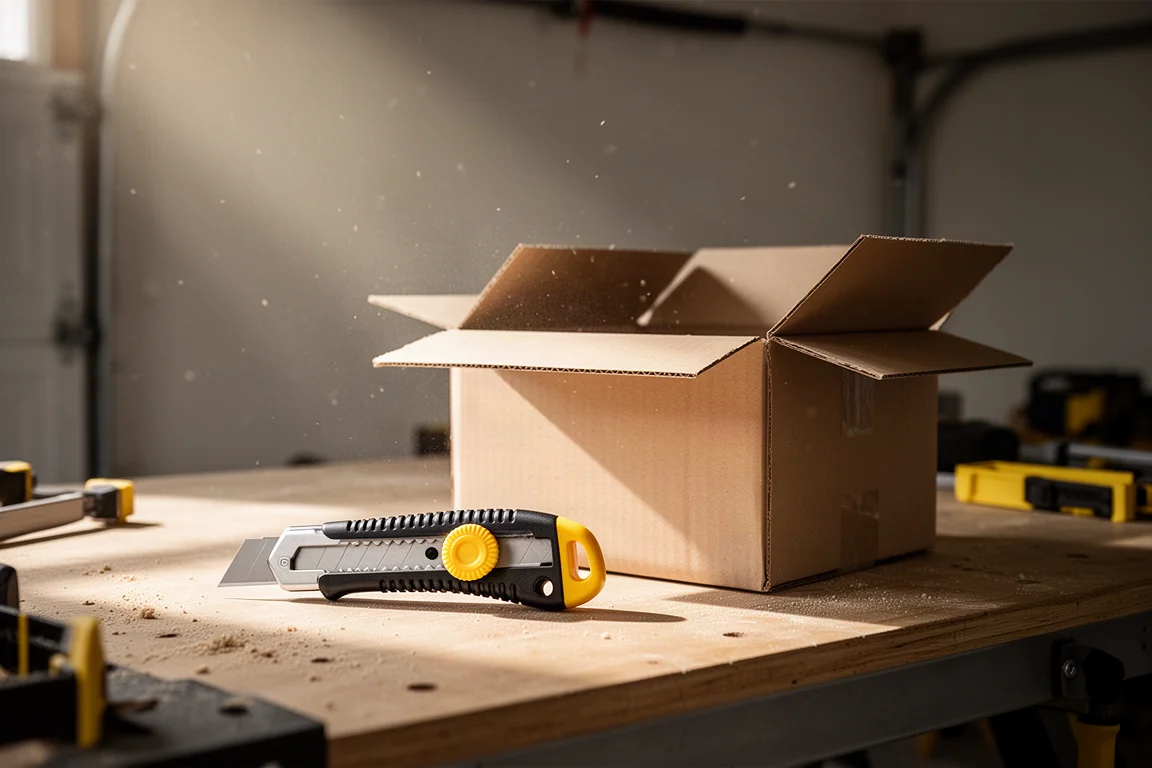 A utility knife and cardboard box on a garage workbench under soft light
