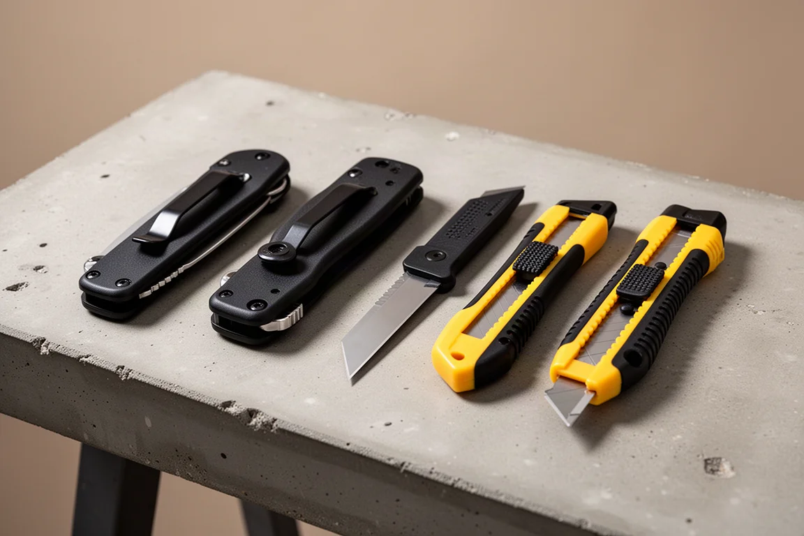 Five Stanley utility knives of different styles arranged in a row on a concrete workbench