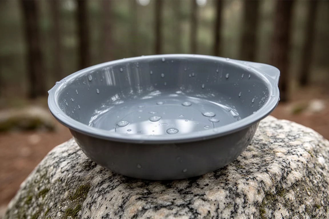 Glänzend graue Kunststoff-Camping-Schüssel mit Wasserperlen auf der polierten Oberfläche