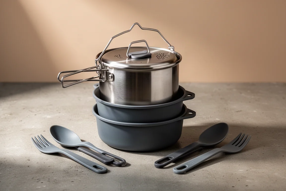 Stainless steel nesting camp cook set with bowls and utensil combos on concrete