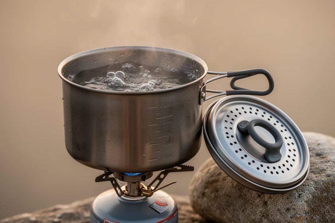 Acqua che bolle in una pentola in acciaio inossidabile con marcature di misurazione su un fornello da campeggio