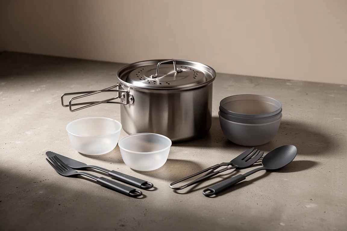 Stanley Wildfare Go cook set with pot, bowls and utensils on a concrete surface