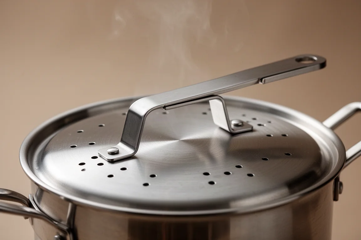 Primer plano de una tapa de acero inoxidable con orificios de ventilación y vapor saliendo