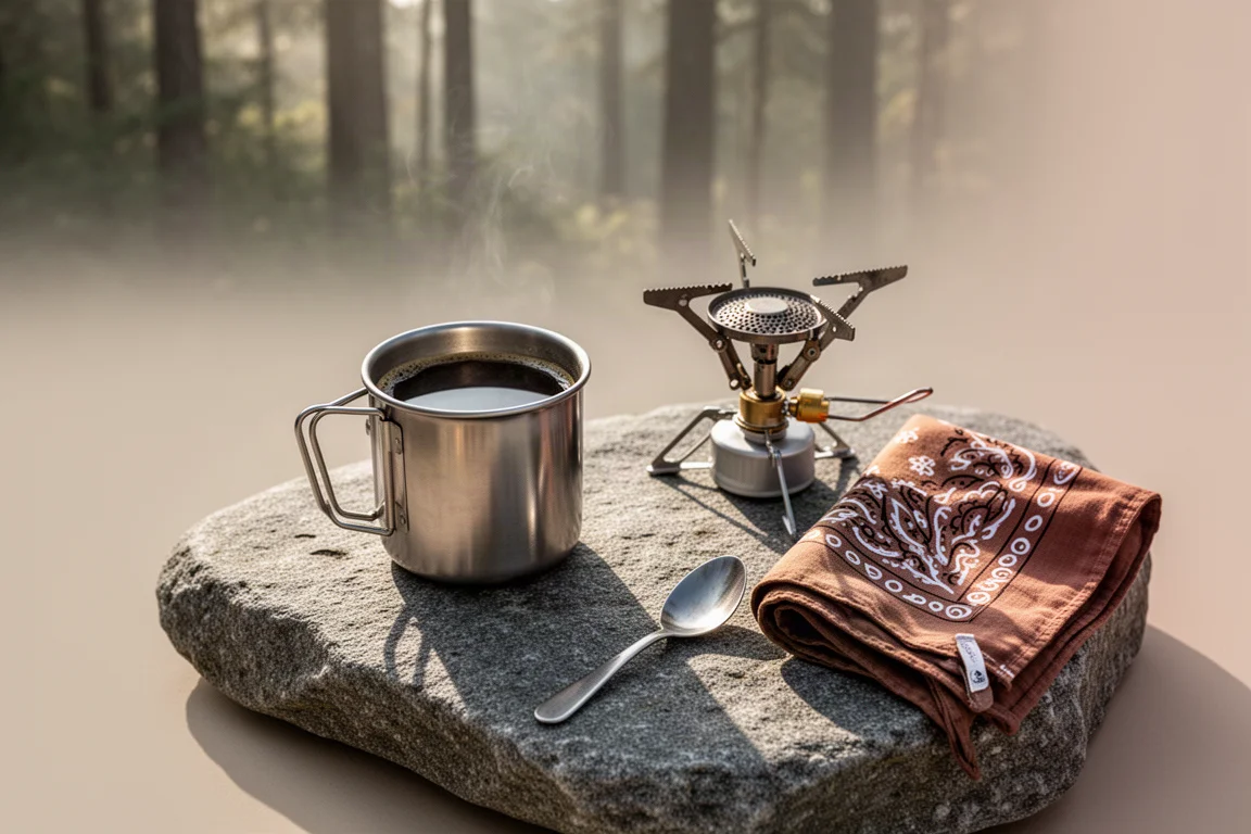 Taza de campamento de acero inoxidable con café sobre una roca plana junto a un hornillo pequeño