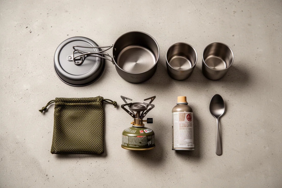 Vista cenital de un kit de cocina compacto con hornillo, cartucho de combustible y cuchara