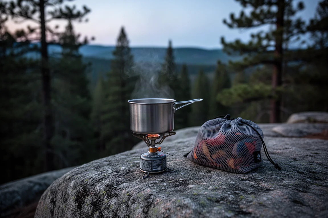 Campeggio backpacking al crepuscolo con una pentola in acciaio inox su un fornello a gas e una sacca di stoccaggio in mesh