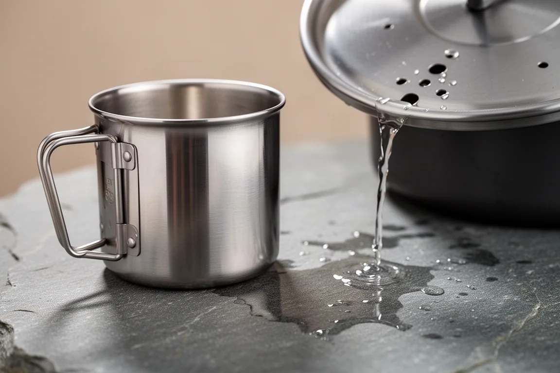 Primo piano di una tazza da campeggio in acciaio inox accanto a un coperchio forato con acqua che defluisce da un foro