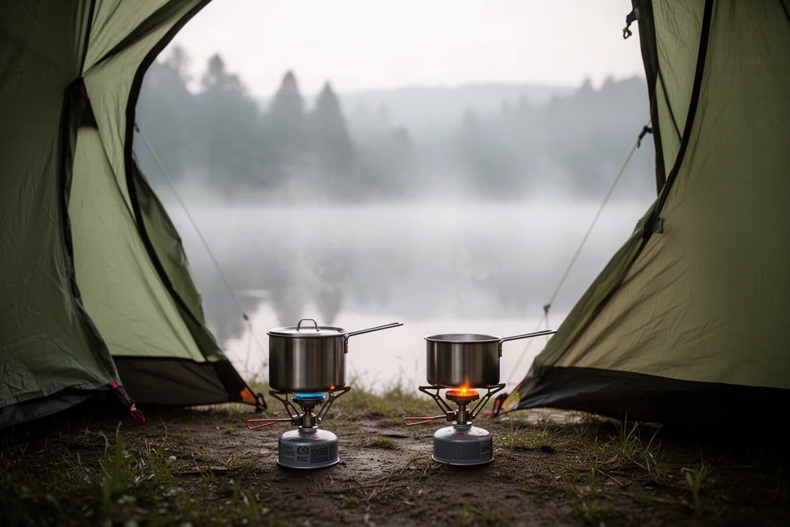 Campeggio al mattino presto con due pentole in acciaio inox che si scaldano sui fornelli accanto a una tenda