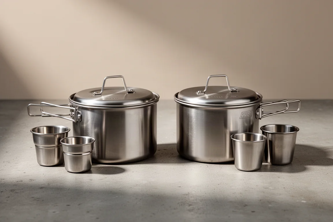 Two stainless steel camp cook sets with lidded pots and nested cups on a concrete surface