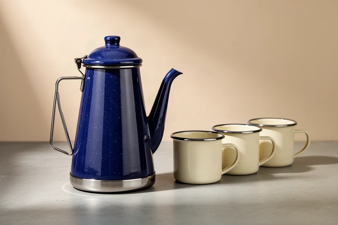 Speckled blue enamel percolator and four matching enamel mugs on a concrete surface
