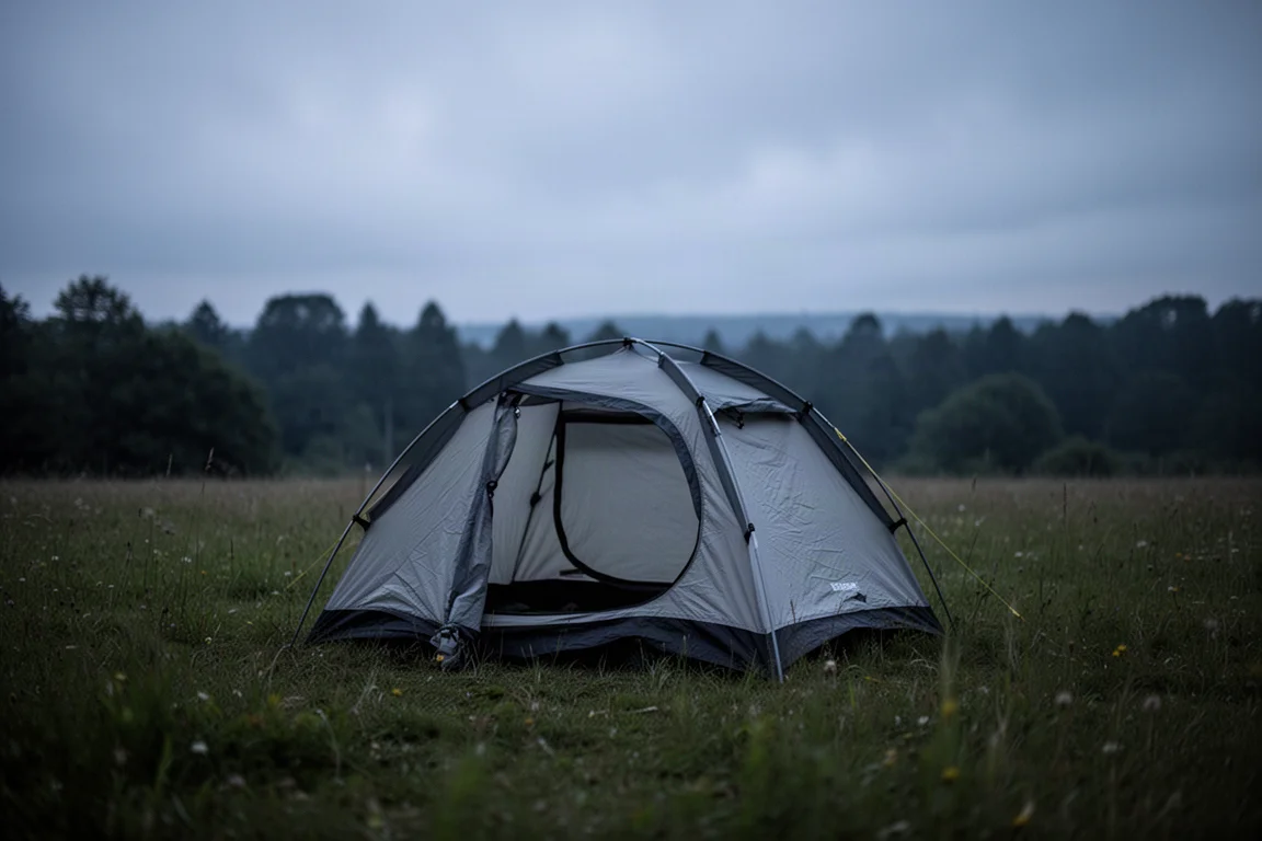 Kleines Kuppelzelt auf einer Wiese neben einem Campingplatz mit Bäumen im Hintergrund
