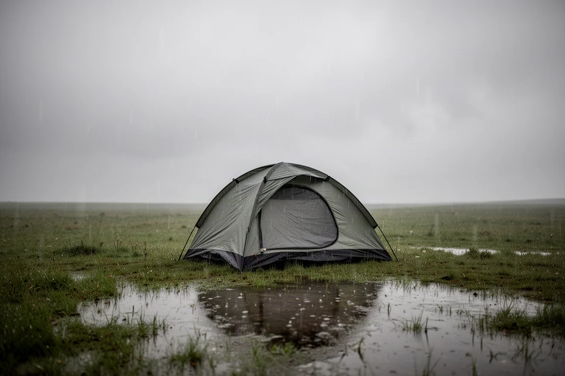 Campingausrüstung und eine Zeltunterlage auf einer Betonfläche vor einer Reise ausgelegt