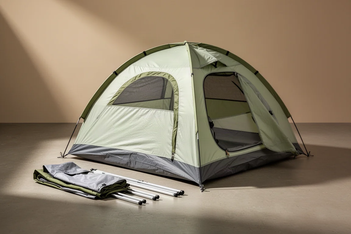 Small green and charcoal dome camping tent pitched on damp grass under an overcast sky