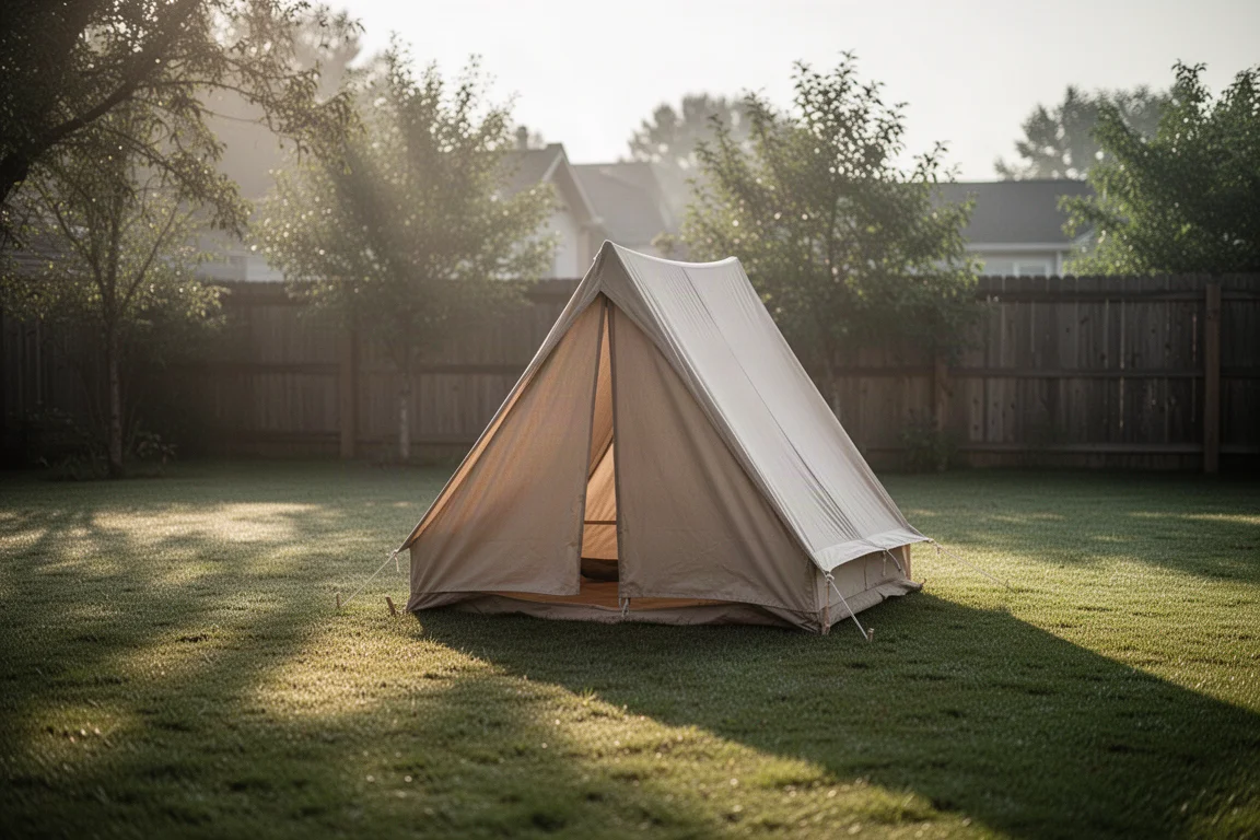 Piccola tenda a tunnel A-frame montata su un prato in giardino nella luce tenue del mattino