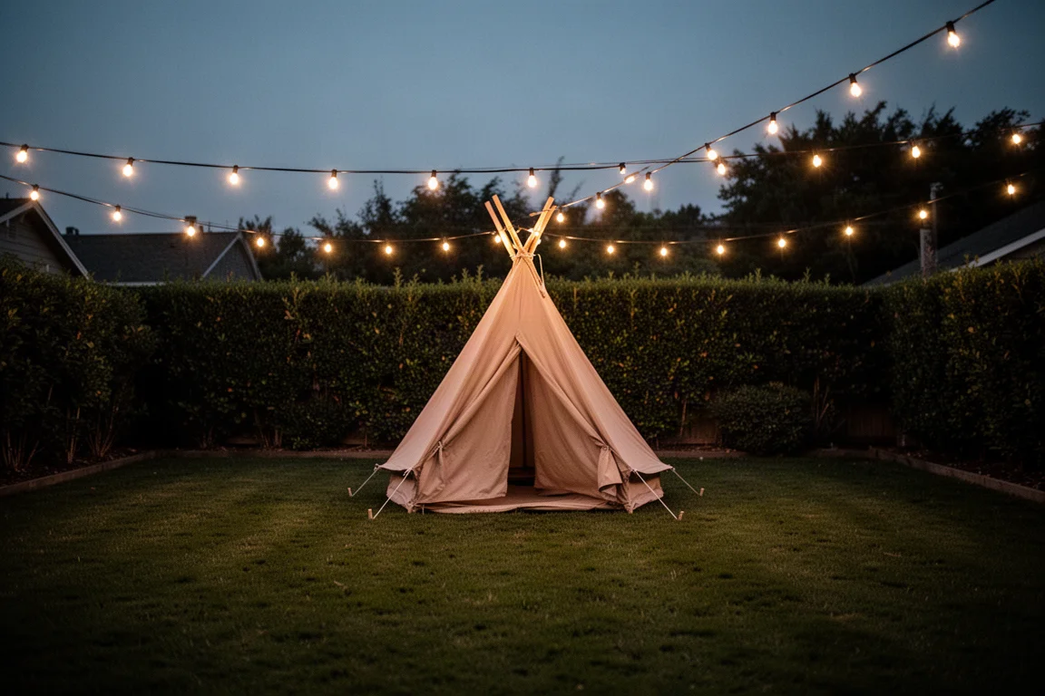 Prato vuoto in giardino al crepuscolo con una piccola tenda A-frame illuminata da calde luci a stringa