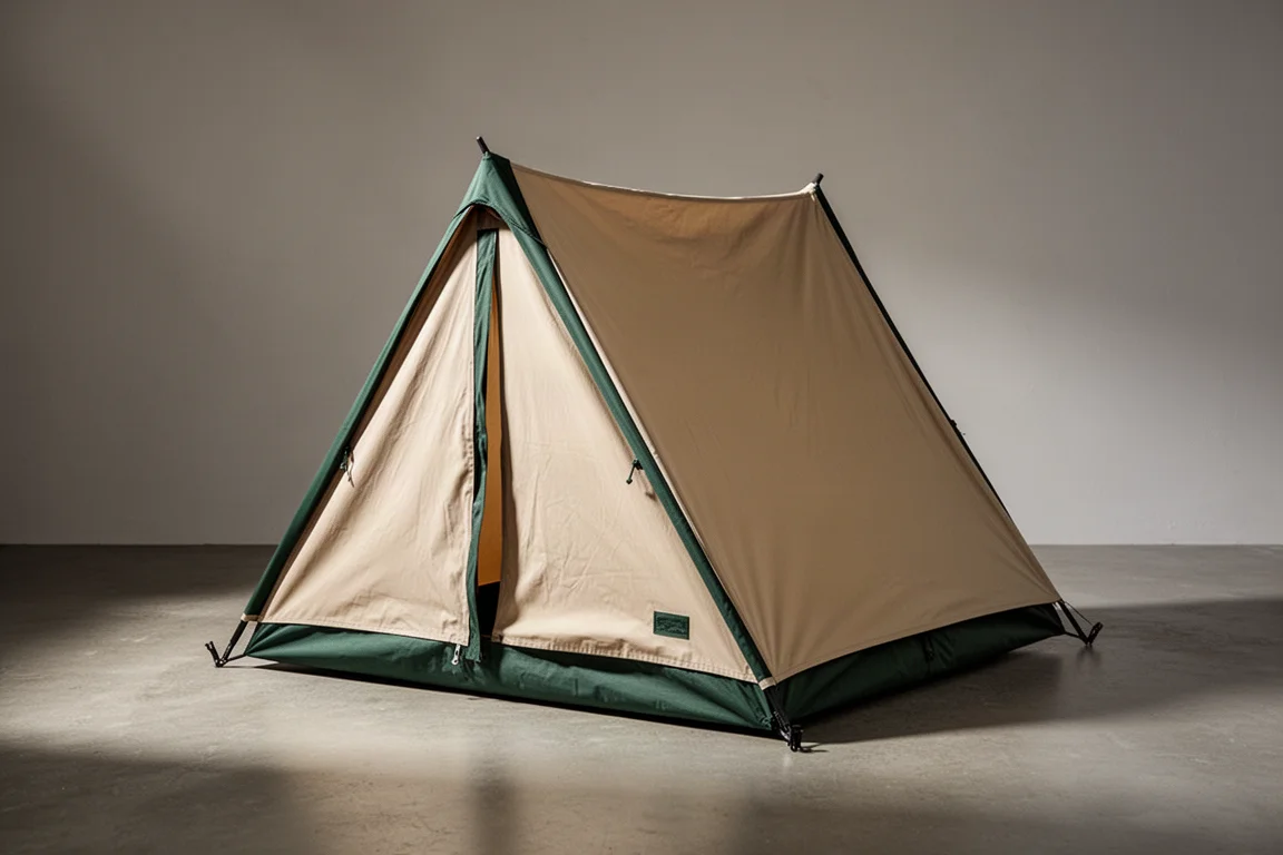 Small A-frame ridge tent with pale sand fly and dark green trim on a concrete surface