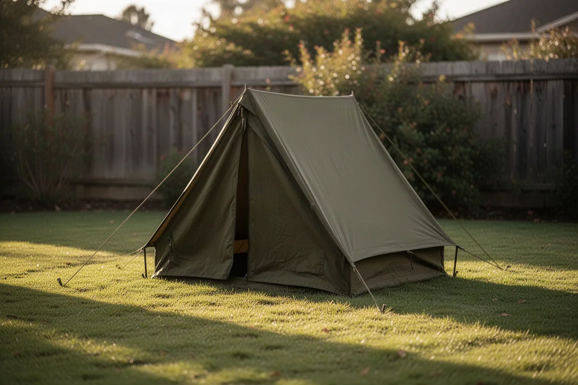 Small olive A-frame tent pitched on a backyard lawn in late afternoon light