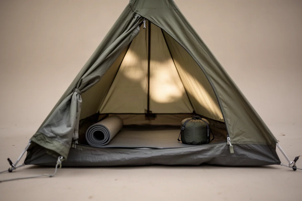 Low view through the doorway of a small A-frame tent showing a cramped interior