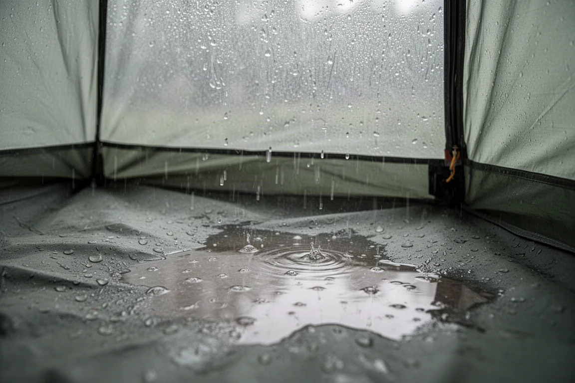 Interior tent floor with standing water pooling during steady rain