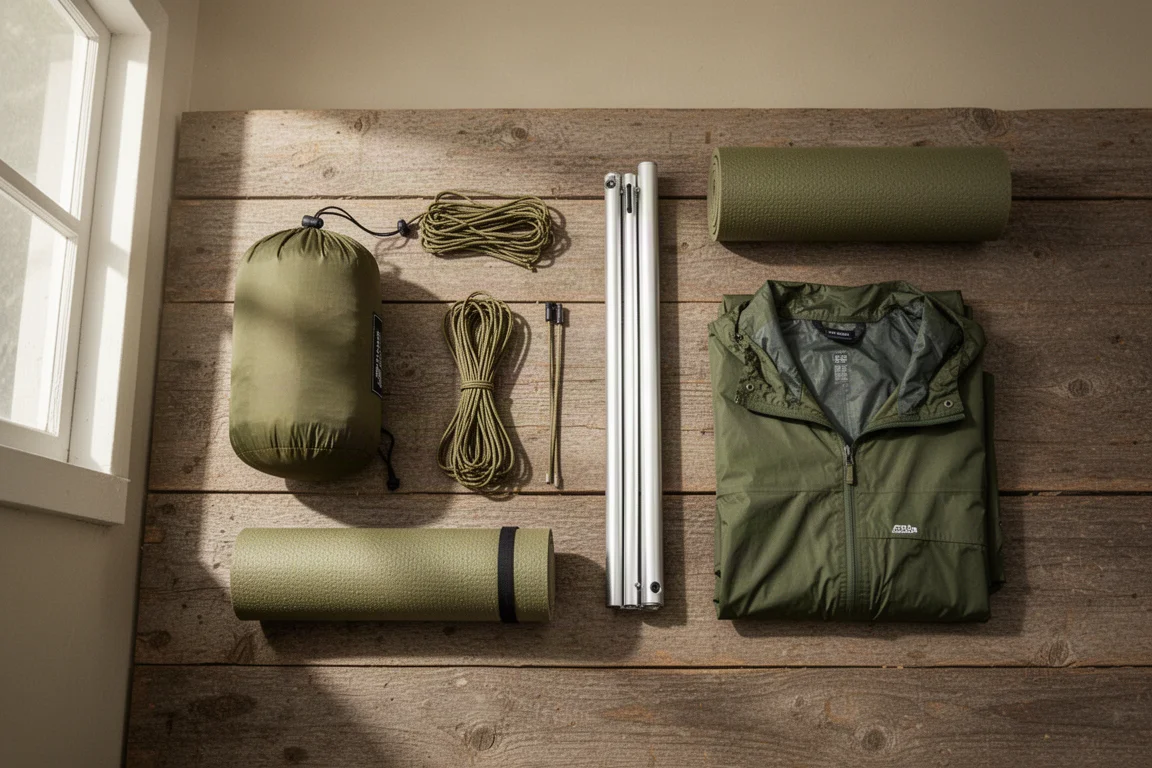 Flat-lay of a packed small tent, guy line bundle, pole section and sleeping mat