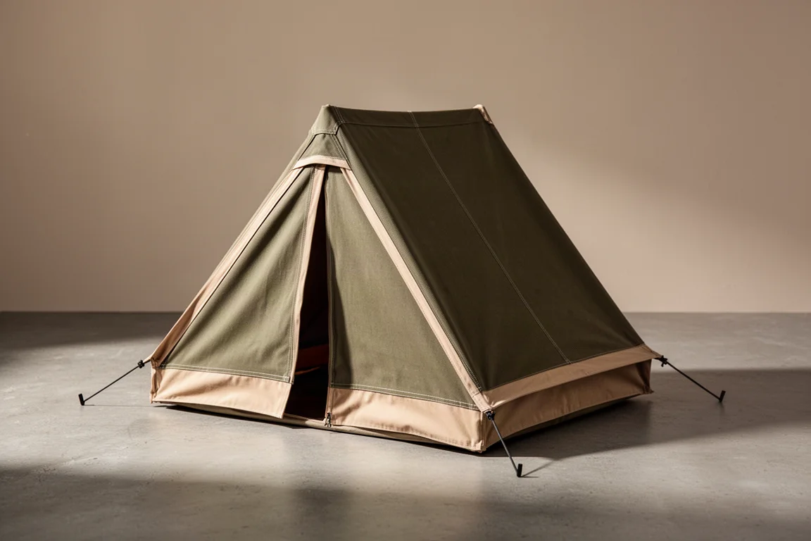 Small olive A-frame camping tent pitched on a matte concrete surface under soft studio light