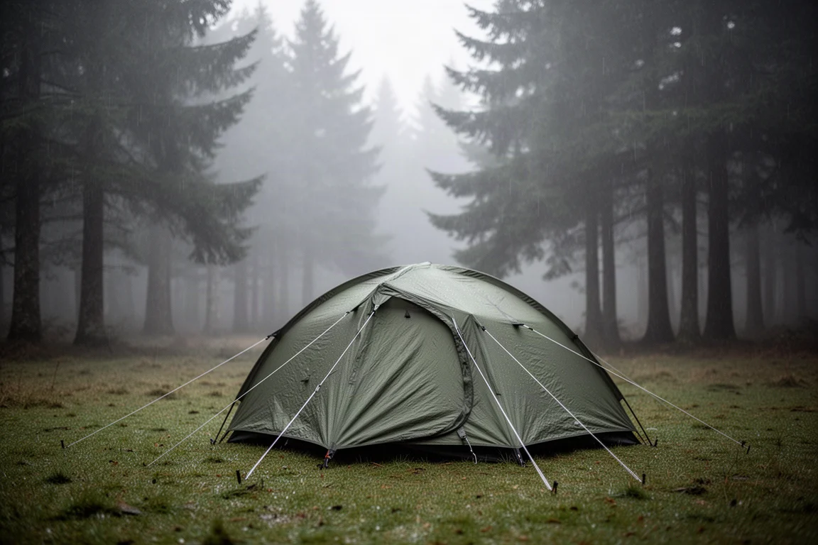 Small dome tent pitched on damp grass at the edge of a misty woodland clearing