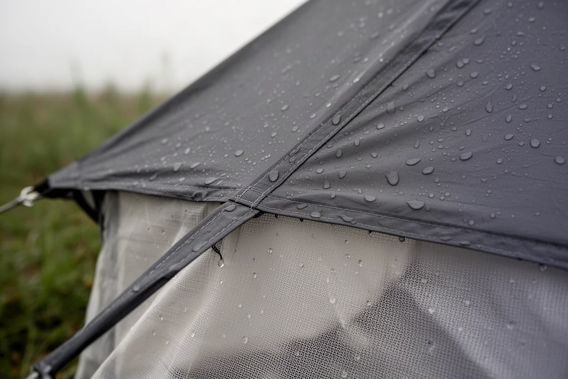 Close-up of water beading on a dark tent fly sheet above a pale mesh inner body