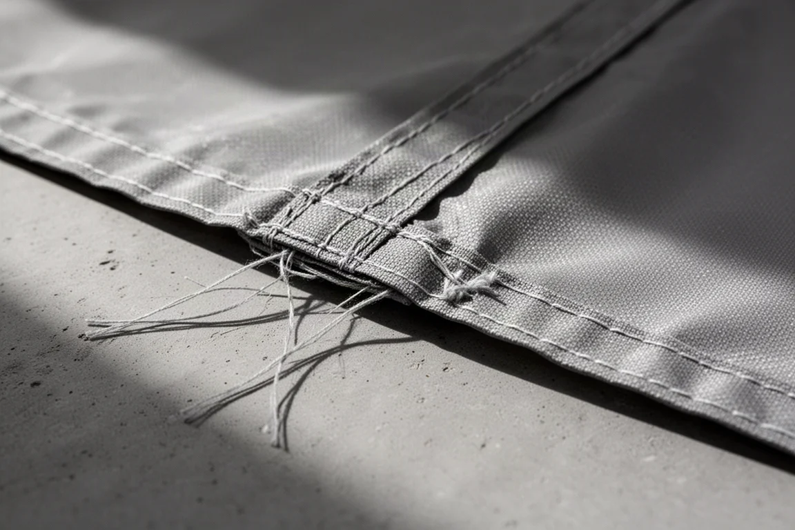 Macro detail of uneven stitching and small gaps along a tent fly sheet seam