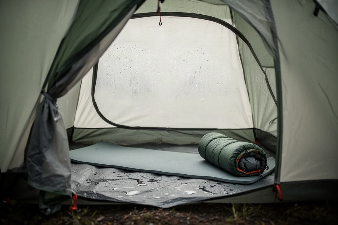Interior of a small backpacking tent at dawn with condensation on the inner wall