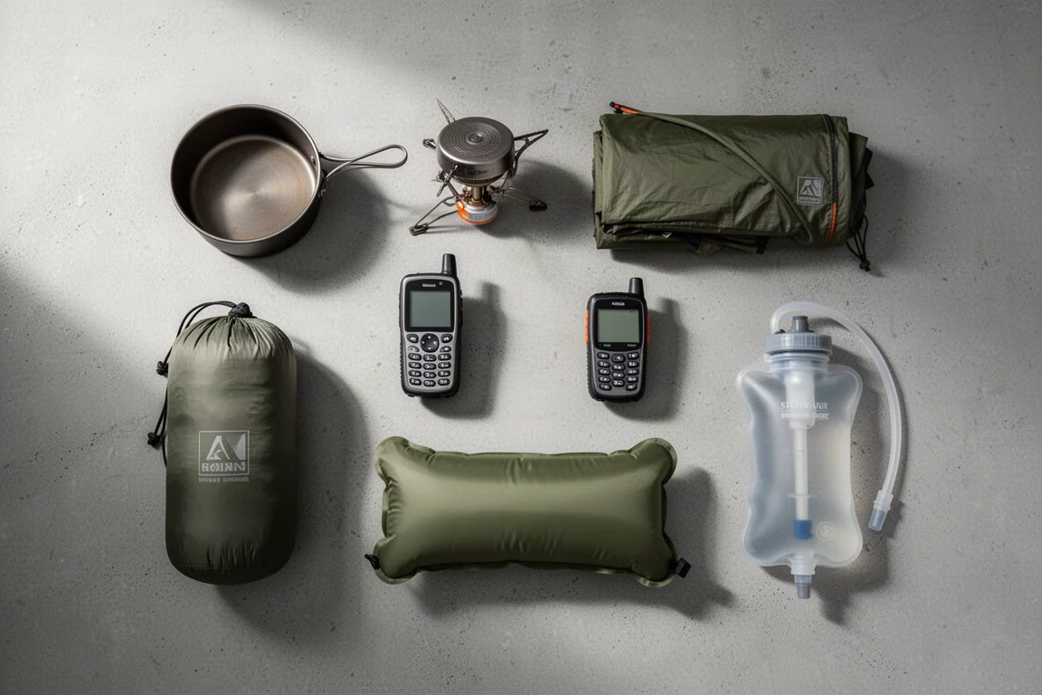 Backpacking essentials laid out on concrete: cook pot, stove, shelter, sleeping bag and water filter