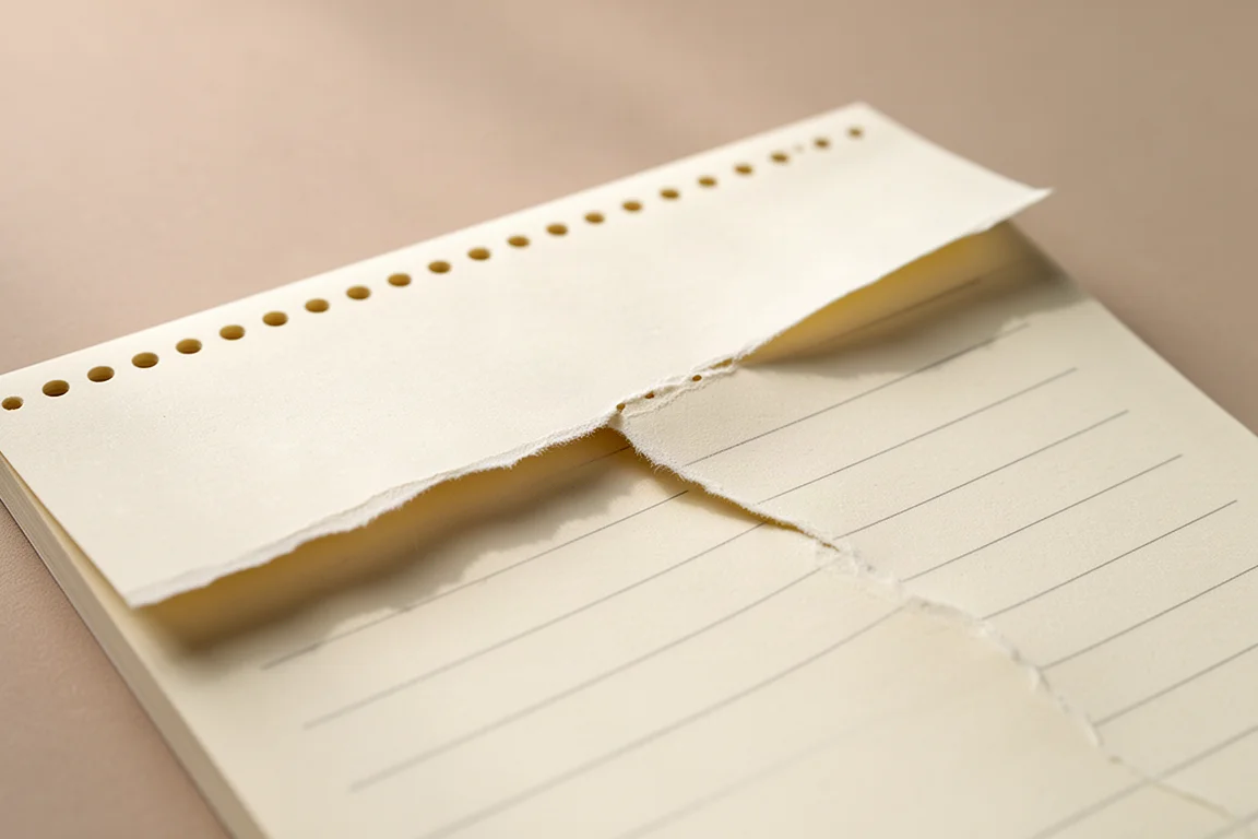 Borda superior perfurada de um bloco de notas com uma folha sendo destacada de forma limpa