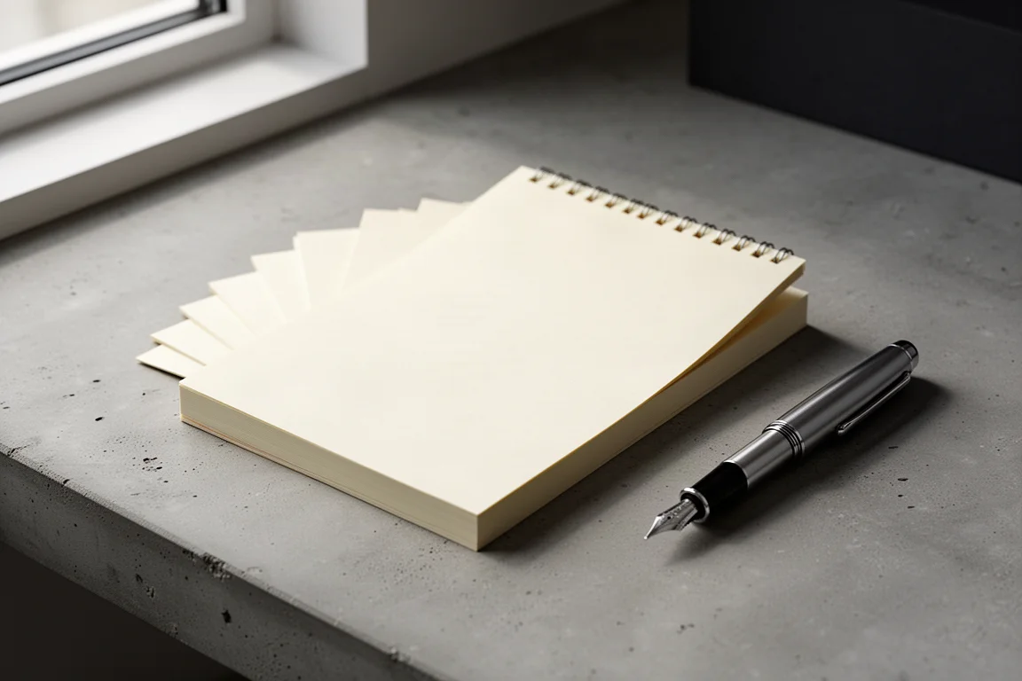 Sugarcane fiber notepad with fountain pen on a concrete desk