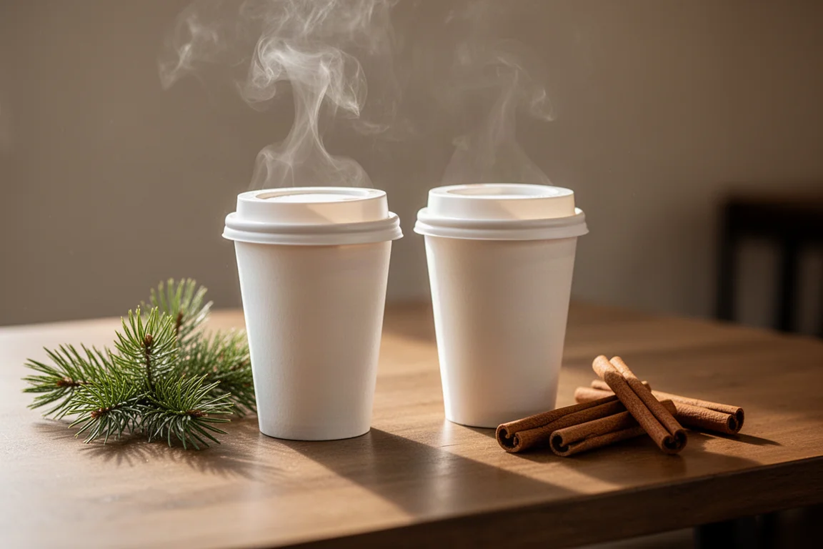 Due bevande calde in bicchieri da asporto su un tavolo da caffè con decorazioni natalizie