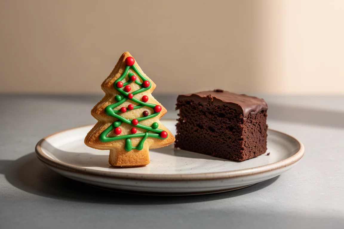 Un dolcetto a forma di albero di Natale su un piatto accanto a una fetta di piccola torta al cioccolato