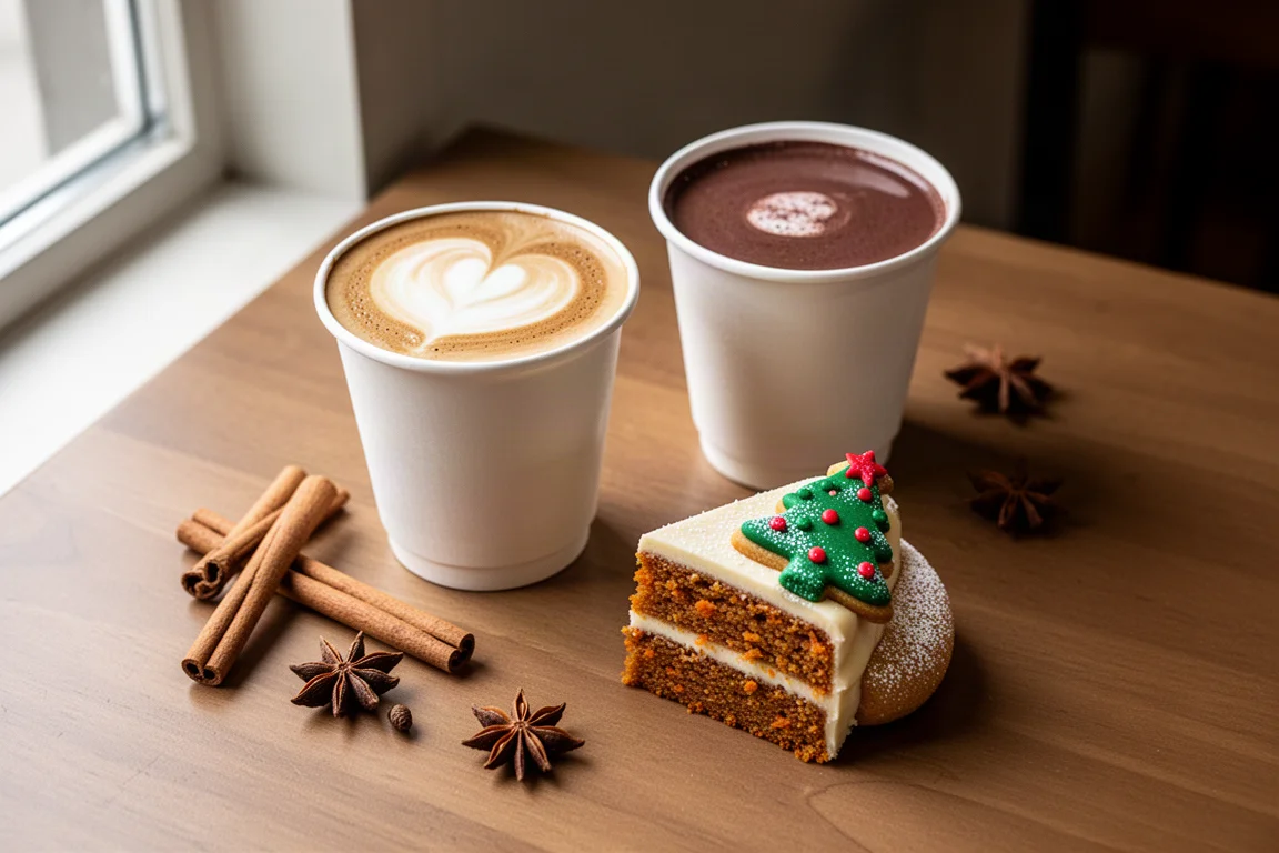 Bevande festive e dolcetti natalizi disposti su un tavolo in legno di un caffè