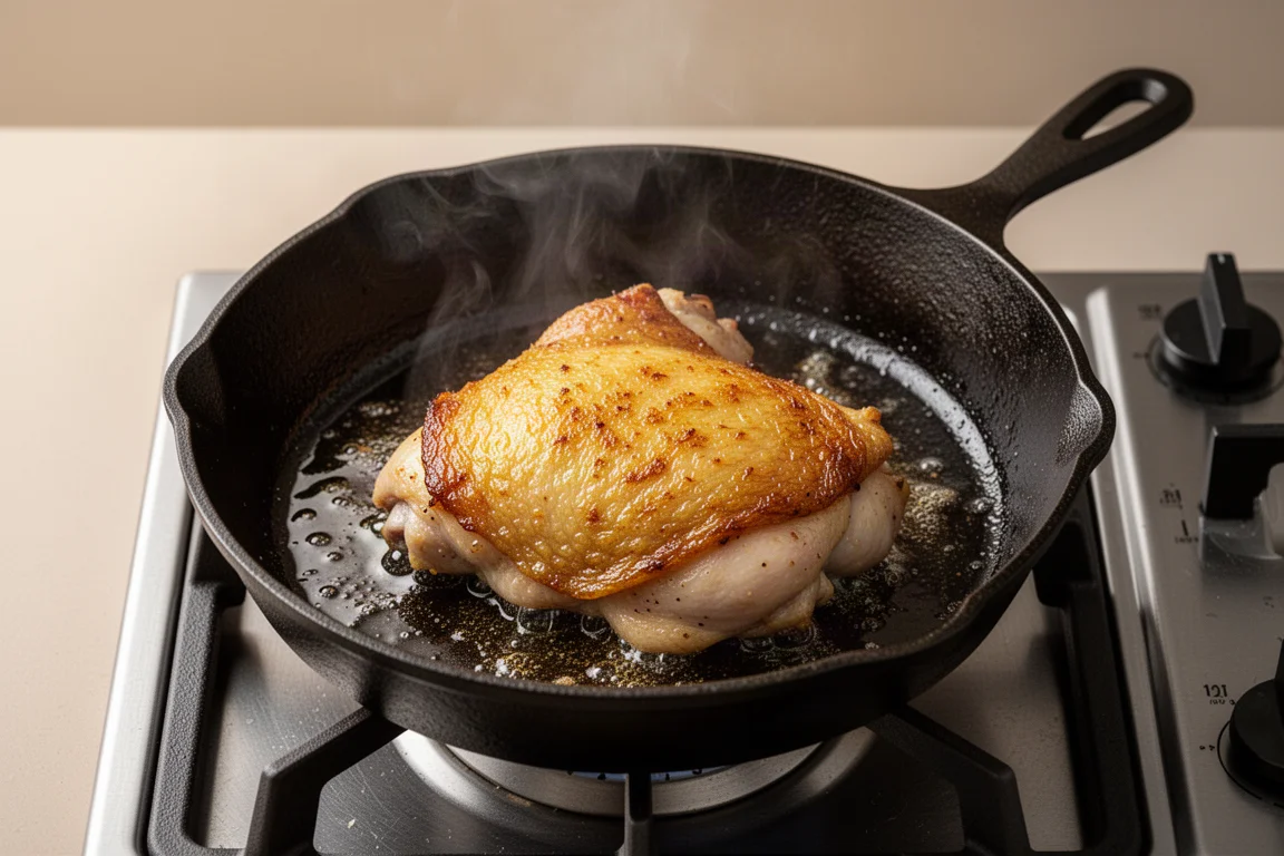 Pele de frango dourada e crocante selando em uma frigideira de ferro fundido preta