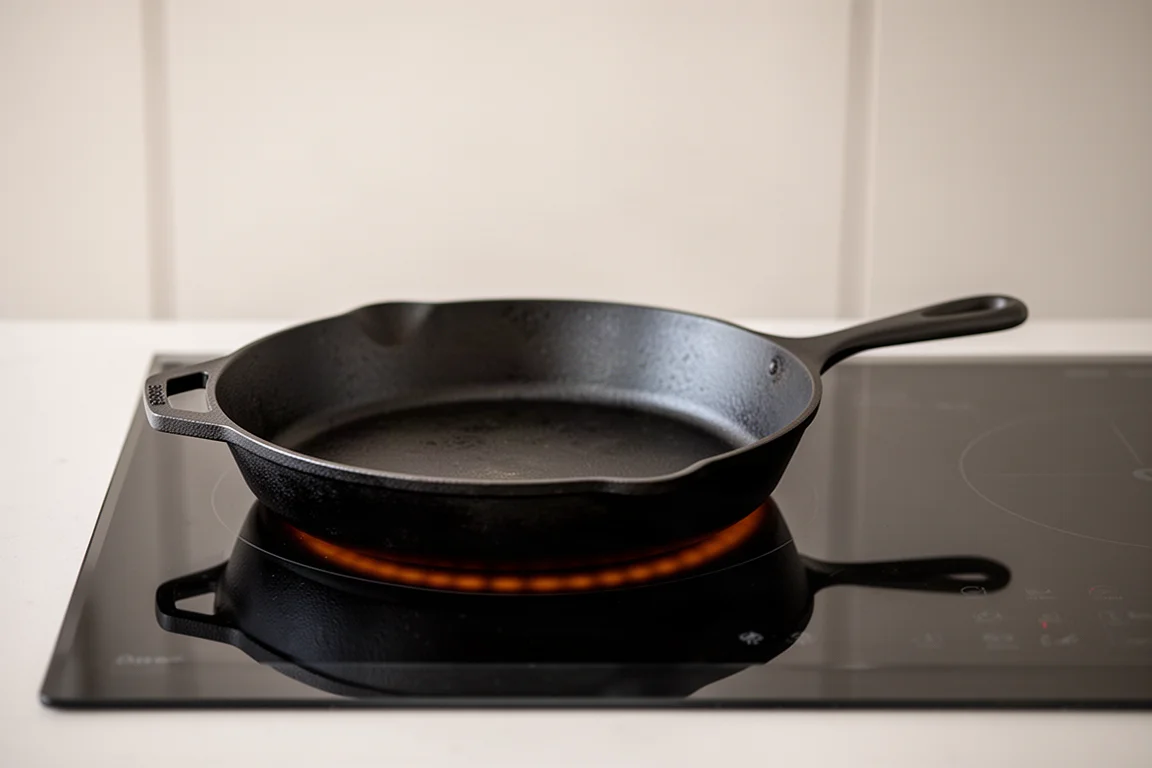 Frigideira de ferro fundido sobre um cooktop de indução plano com brilho uniforme de calor