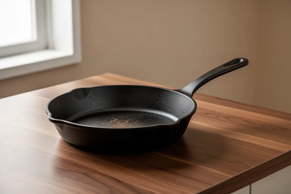 Black cast iron skillet with long slender handle on a wooden counter