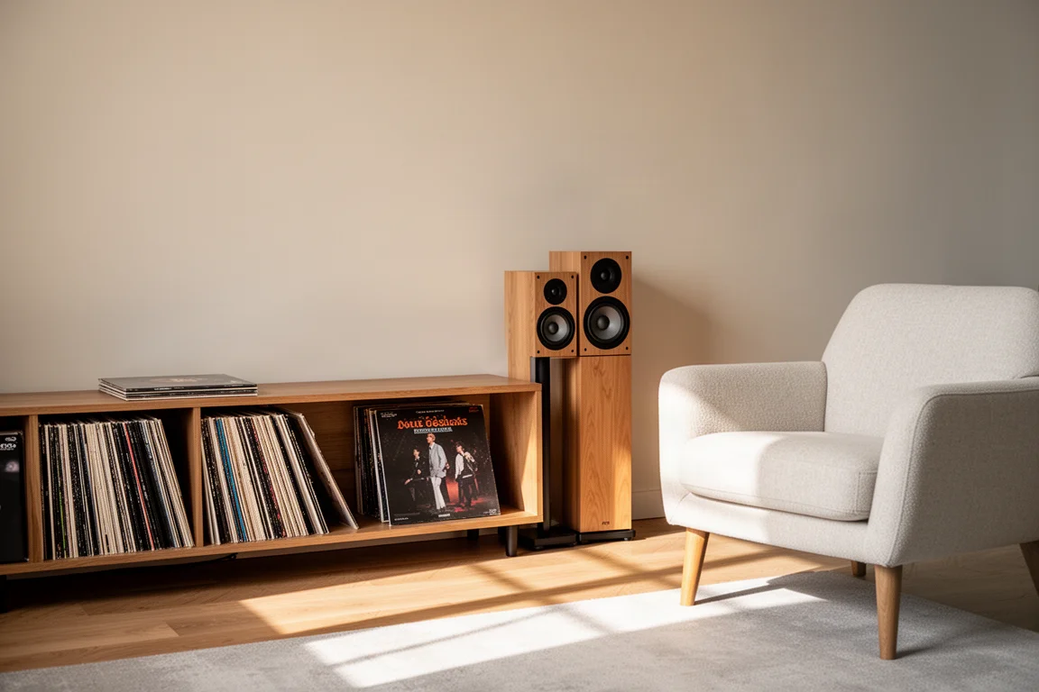 Compacte standmount-luidsprekers in een warme woonkamer-luisterhoek dicht bij een muur