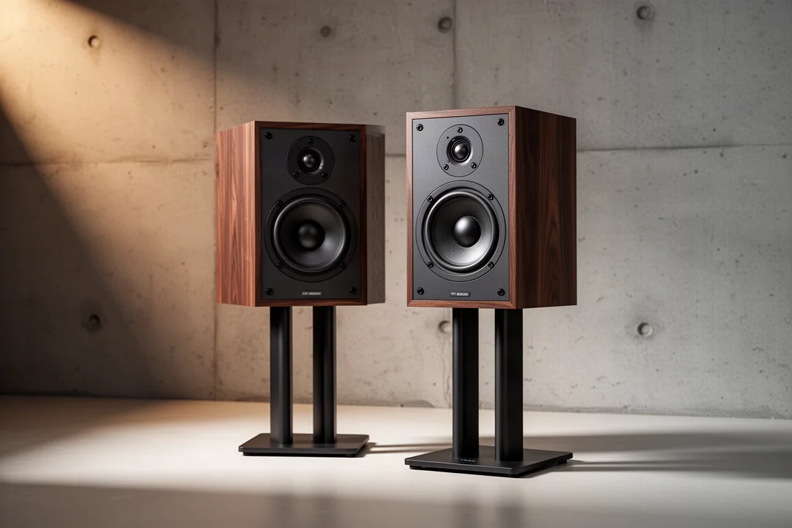 Pair of compact two-way standmount speakers on stands in a minimal listening room
