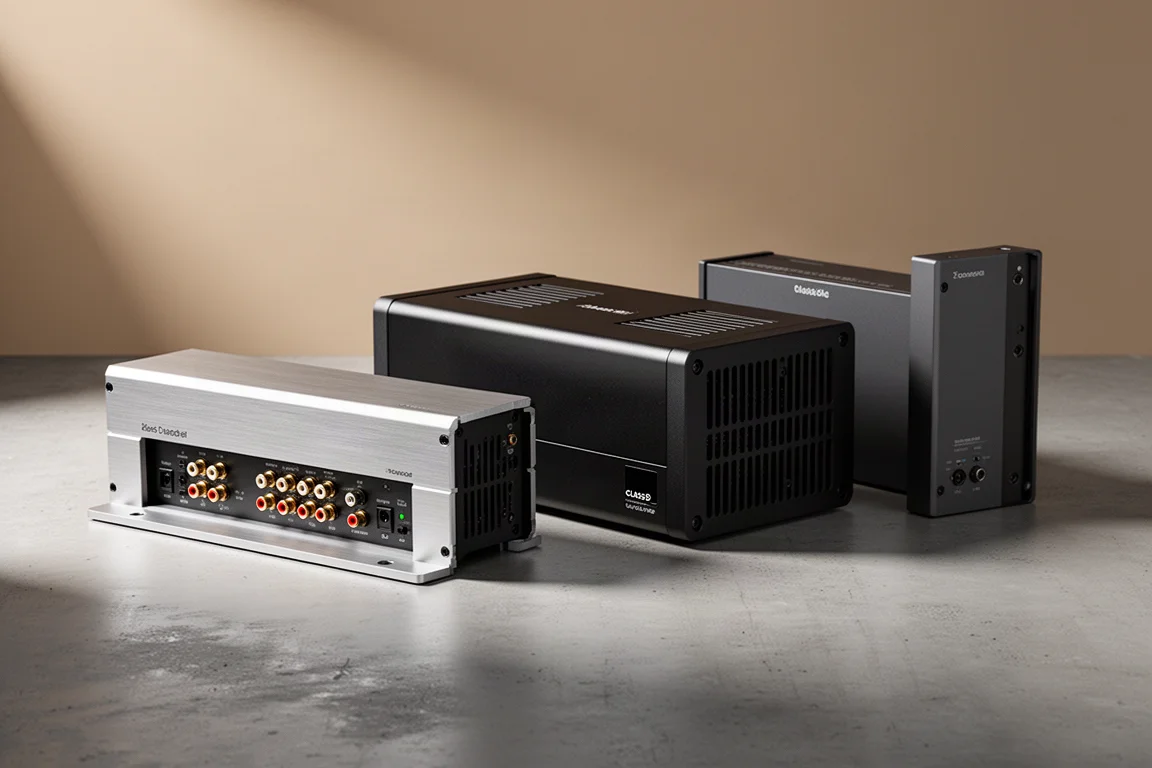 Three Class D power amplifiers lined up on a matte concrete surface