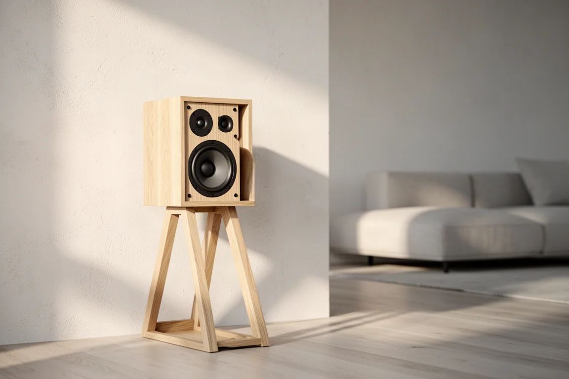 Compact oak-finished bookshelf speaker on a stand in a bright minimal living room