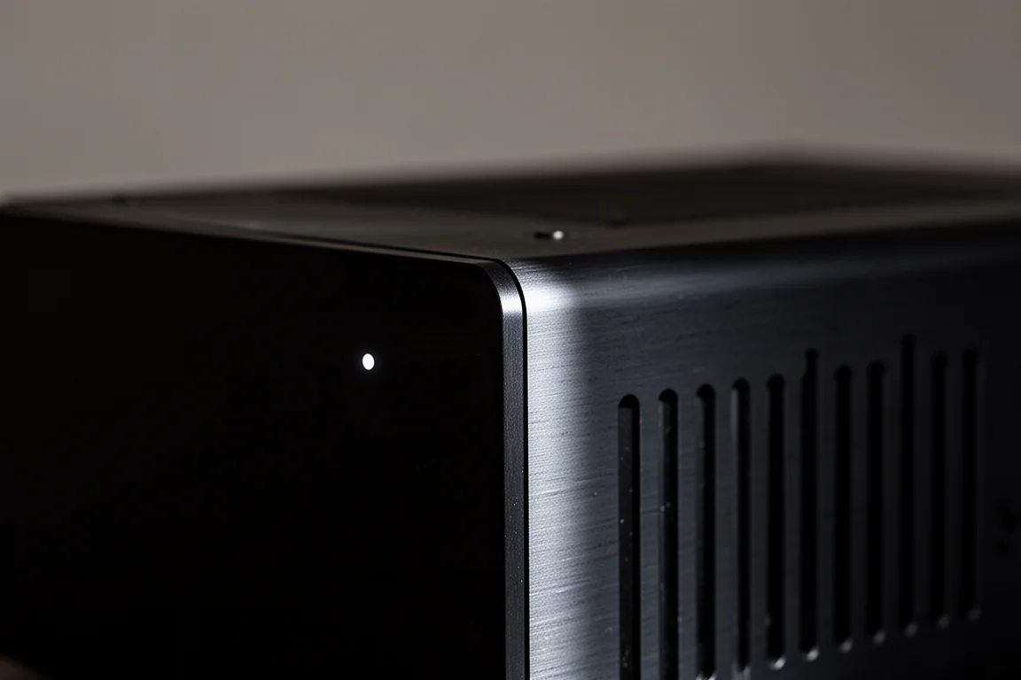 Close-up of a matte black amplifier chassis with ventilation slots in dim light