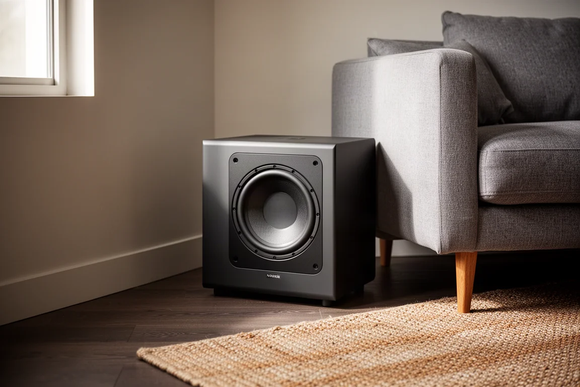 Compact sealed subwoofer on a dark wood floor beside a sofa in a modern living room