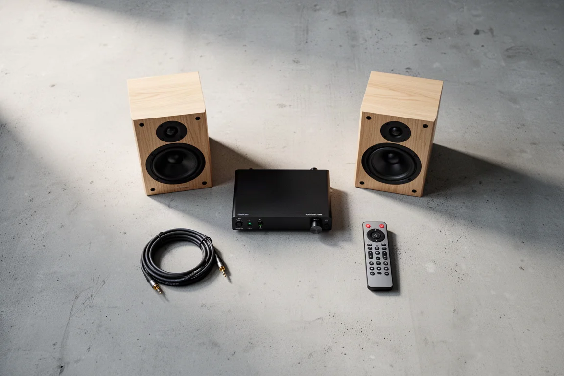 Overhead flat-lay of bookshelf speakers, amplifier and speaker cable on concrete