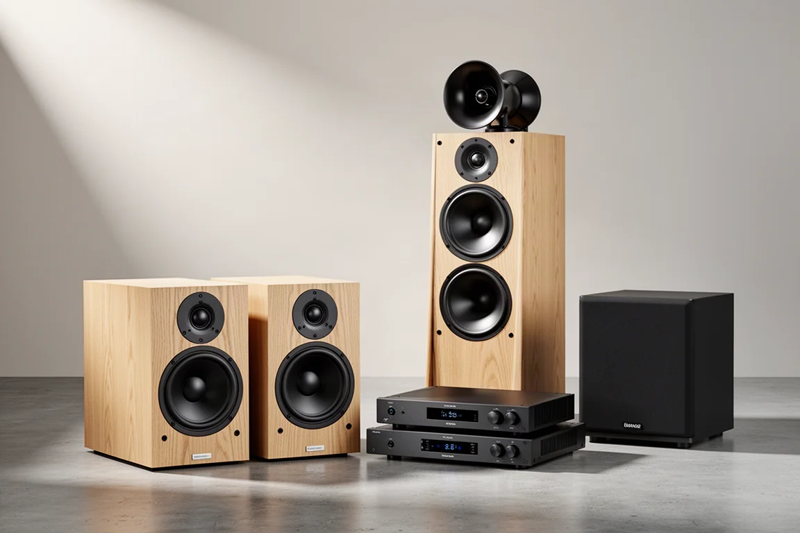 Group of bookshelf speakers, a horn-loaded loudspeaker, two amplifiers and a subwoofer on concrete