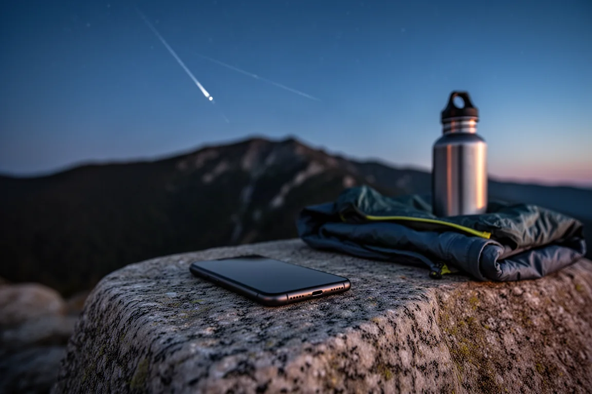 Smartphone appoggiato su un masso di granito accanto a una borraccia nella boscaglia desertica