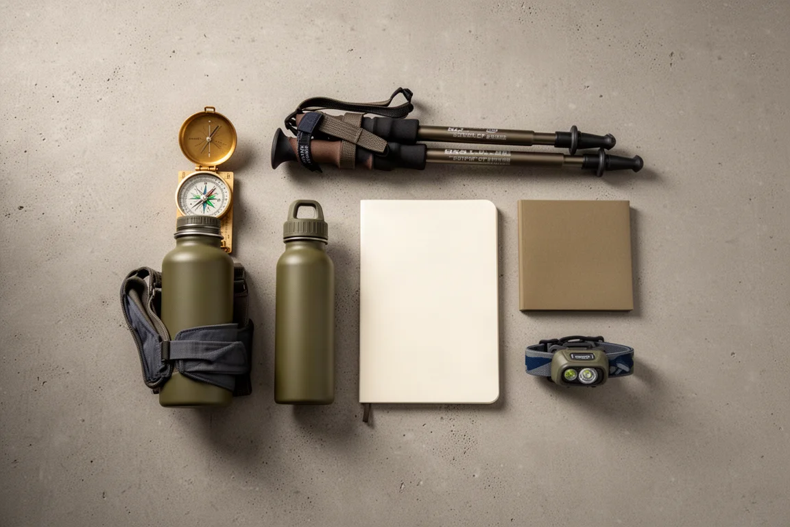 Zaino e bastoncini da trekking su un sentiero di montagna con un power bank appoggiato sopra