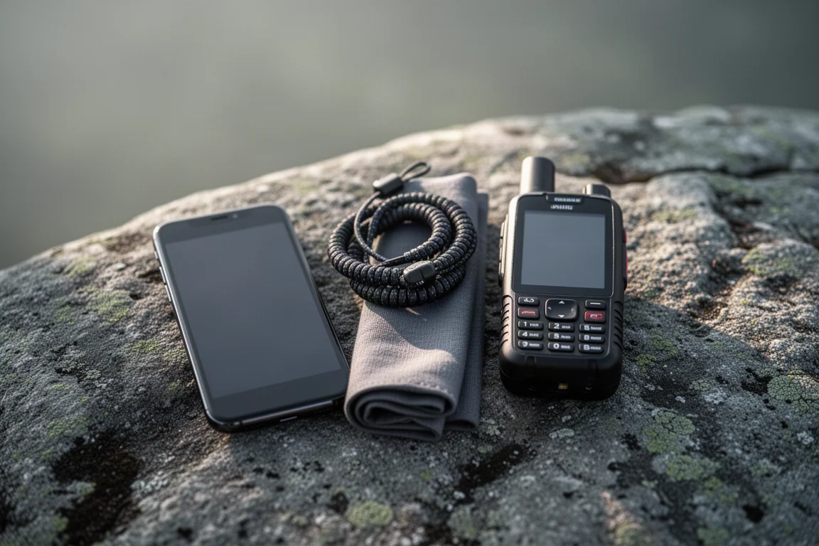 Flat-lay di una mappa topografica, un messenger satellitare, un telefono e un moschettone su cemento